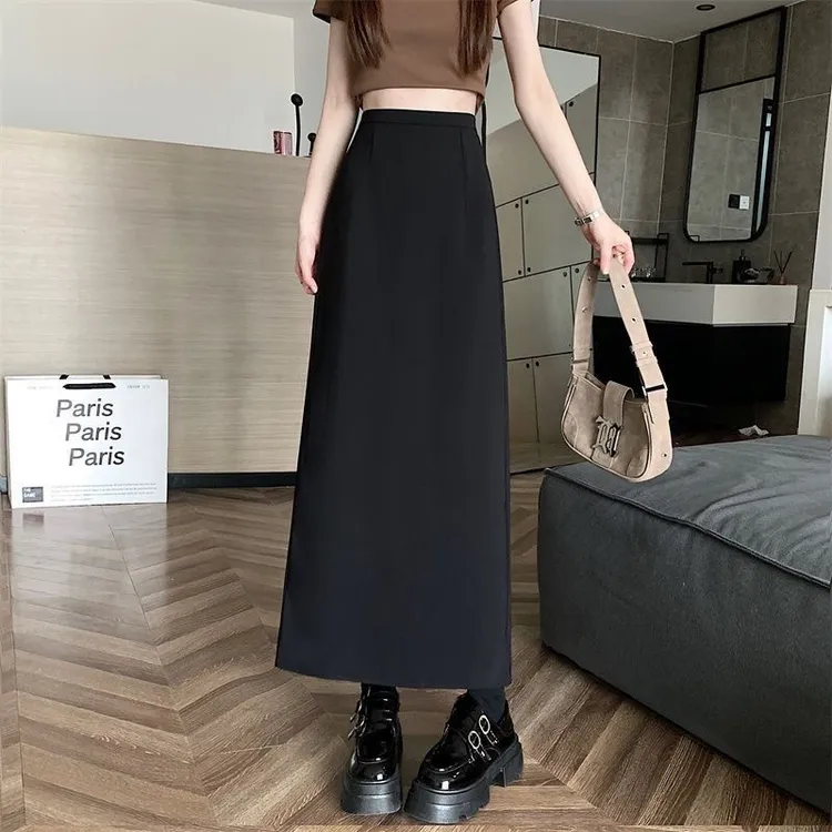 黑色高腰垂感直筒开叉西装半身裙女春夏显瘦显腿长