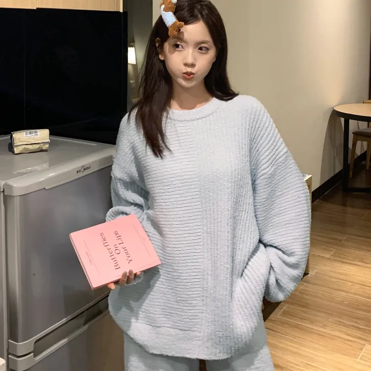 简约休闲半边绒睡衣女秋冬新款加厚加绒保暖家居服套装大码可外穿