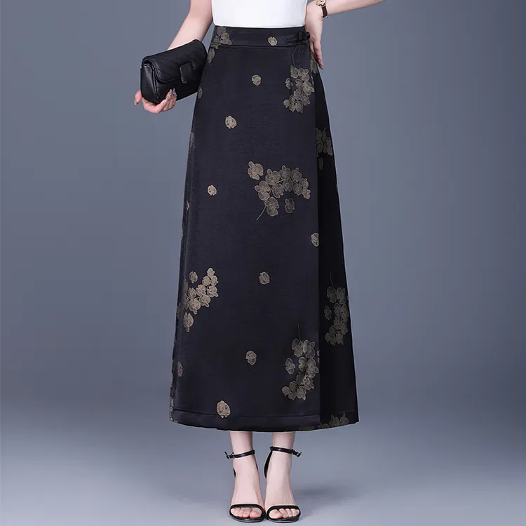 丝滑缎面开叉包臀半身裙女2025夏季新款印花高腰长款一片式直筒裙