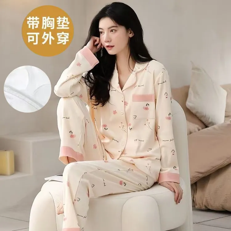 夏季宽松睡衣女套装纯棉带胸垫卡通夏天外穿短裤休闲家居服爆款甜