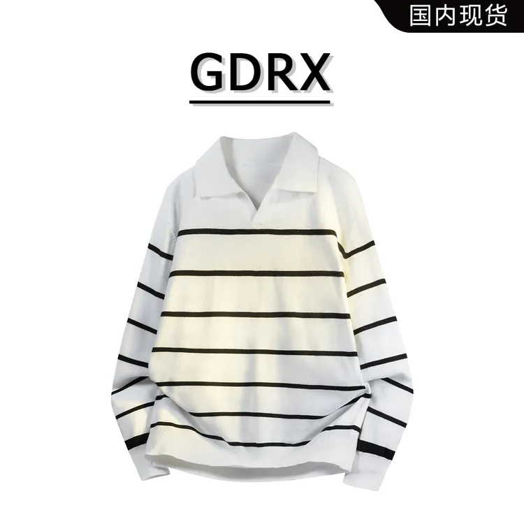 GDRX美式极简风毛衣男秋冬新款潮流条纹polo领上衣时尚休闲男装