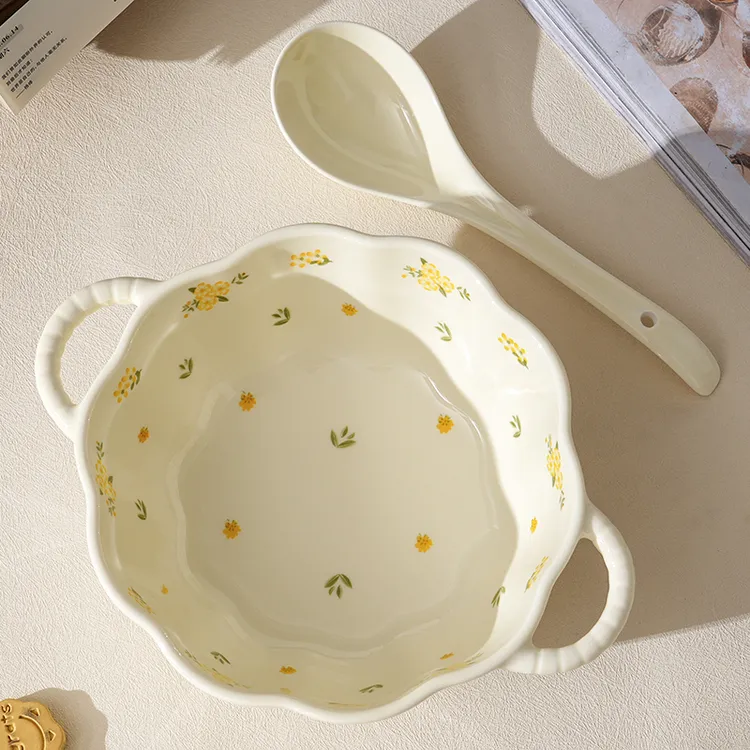 【大汤碗+勺】陶瓷奶油琉璃花汤碗家用装汤碗汤勺学生螺蛳粉碗餐