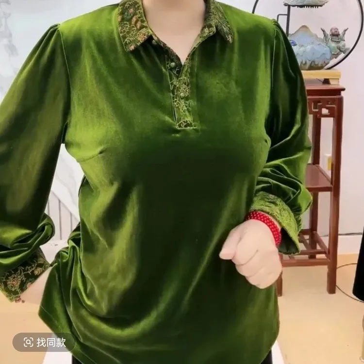 新款刺绣丝绒妈妈衫长袖立领中老年气质上衣