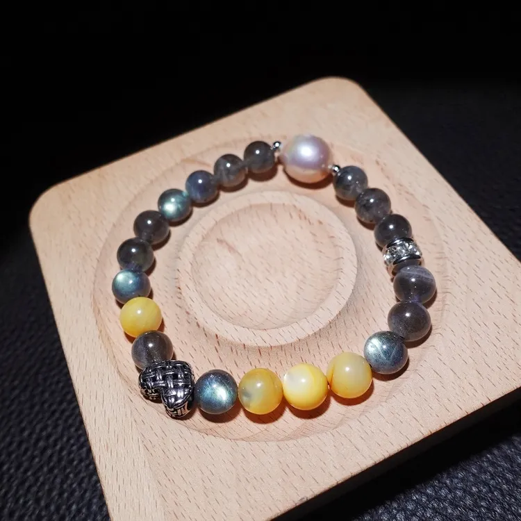 云上琅声 原创设计天然灰月光石黄碟贝珍珠爱心手链手串