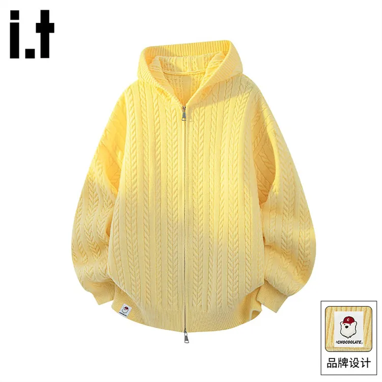 it:CHOCOOLATE 毛衣男款秋冬2025黄色连帽开衫宽松高级感男士外套