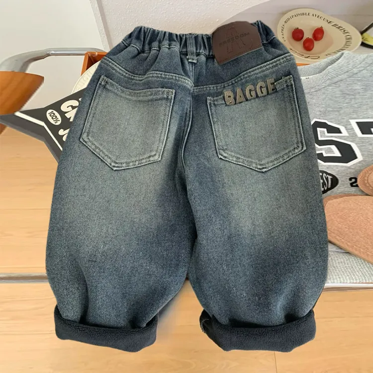 男童加绒牛仔裤秋冬季儿童一体绒裤子酷帅中小童时尚洋气保暖长裤