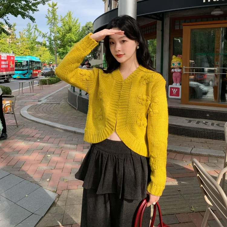 十三行25冬甜美外穿提花长袖暗扣螺纹边毛衣秋冬开衫女F6932