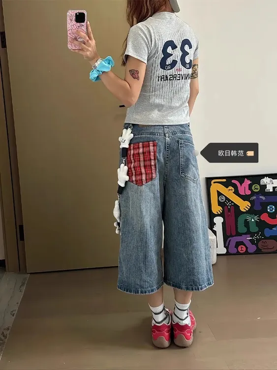 大码复古慵懒感高街牛仔裤女夏季新款格子拼接显瘦个性七分短裤潮