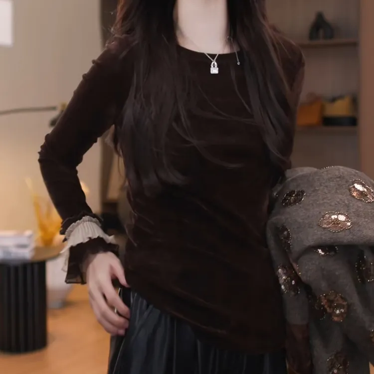 新款时尚百搭修身气质中式长袖设计款拼接袖口上衣LK2507161