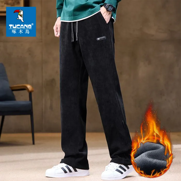 啄木鸟秋冬季新款加绒加厚欧棉绒宽松百搭直筒保暖男士阔腿休闲裤
