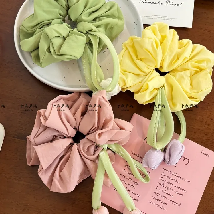 超大号郁金香花朵大肠发圈女高级感甜美飘带发绳扎低马尾丸子头绳