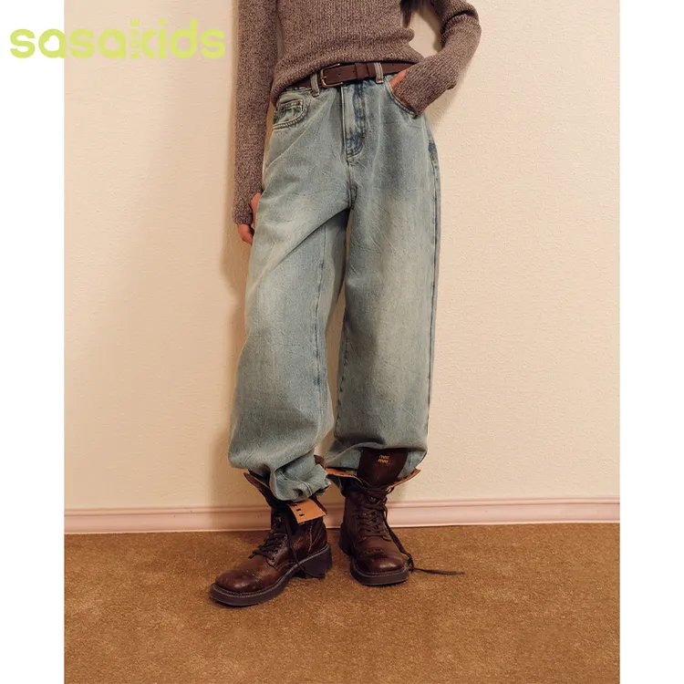 sasakids秋冬款抓绒复古做旧感水洗直筒牛仔裤百搭休闲款女童套装