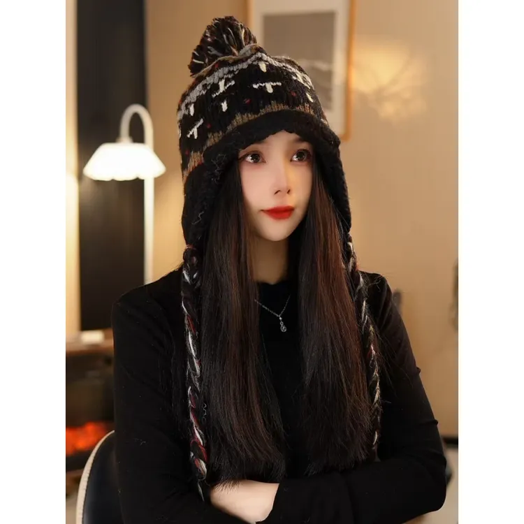 民族风小众针织帽子女秋冬季冬天新款保暖护耳户外防寒百搭套头帽
