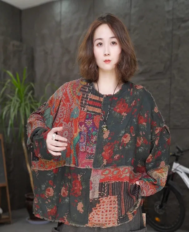 秋季新款原创复古风不规则印花个性休闲上衣女QQ
