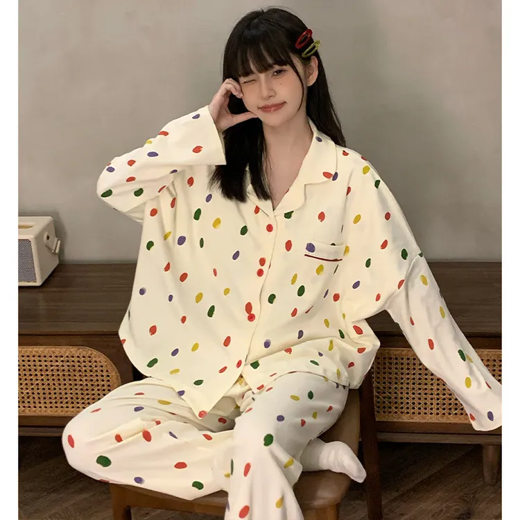 芯语婷春秋季新款彩色波点女士睡衣冬季长袖长裤甜美家居服可外穿