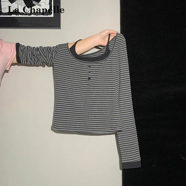 拉夏贝尔美式撞色条纹挂脖系带假两件长袖T恤女秋季性感修身上衣