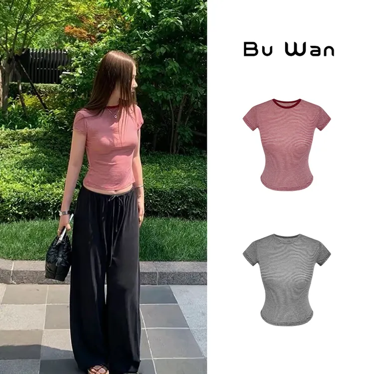 美式复古条纹t恤女夏季新款辣妹短袖修身显瘦bm短款上衣A3650