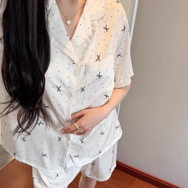 【蕾丝花边三件套】女款大码家居服冰丝蝴蝶结长袖长裤睡衣冰丝