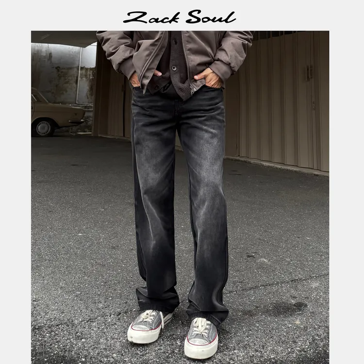 Zack校长 ”雾霾水洗“复古直筒牛仔裤15盎司渐变黑休闲裤显高显瘦