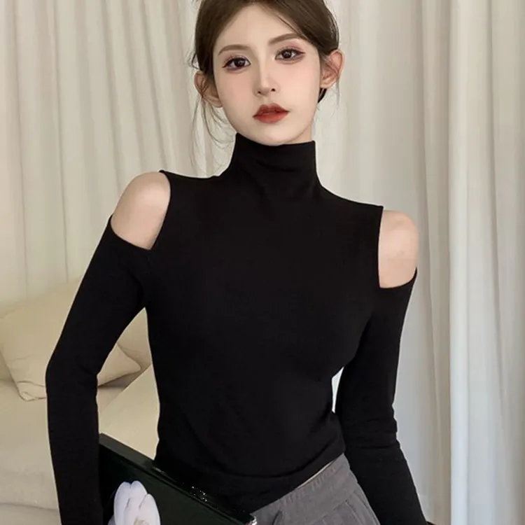 黑色半高领加绒打底衫女内搭保暖秋冬新款露肩设计感上衣长袖T恤