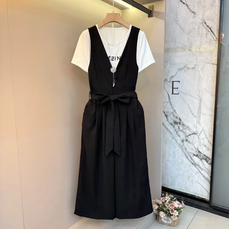 2025年夏季新款时尚洋气休闲显瘦百搭系带极简风背带裤套装7265