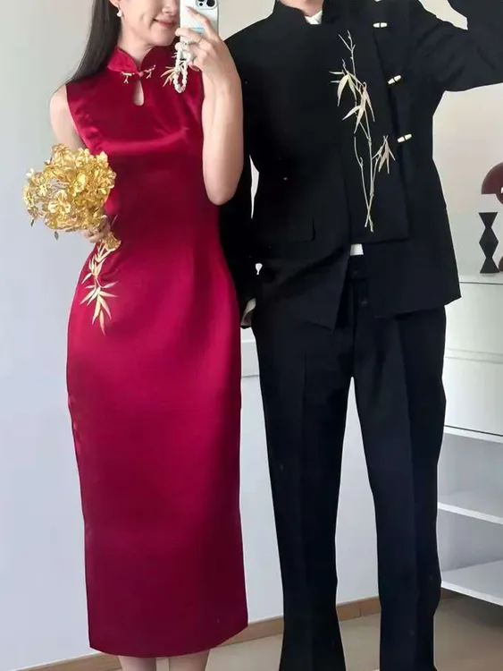 「万针金竹3.0」新中式男士订婚结婚衣服立领中山装金竹刺绣套装