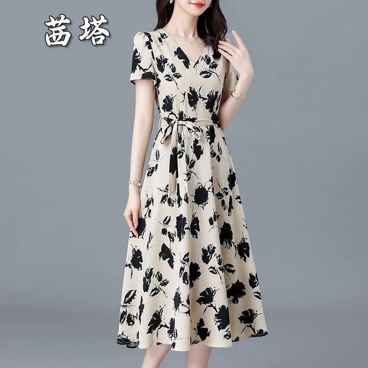 轻熟风裙子2025新款夏装女复古气质中长款收腰显瘦短袖印花连衣裙