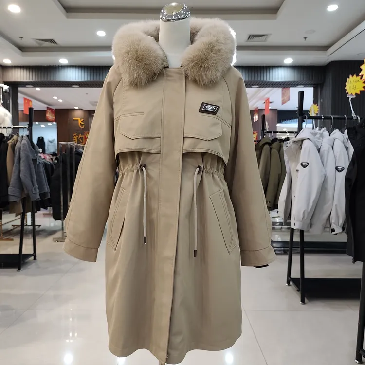 女棉服派克服可脱卸袖保暖中长款原色冬季休闲修身型