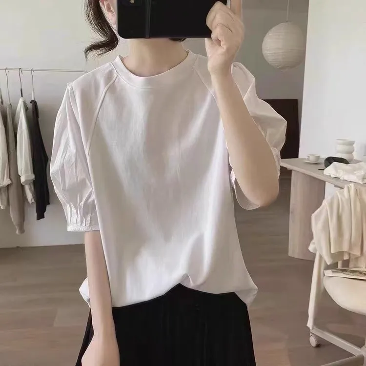 微胖大码女装夏装新款圆领拼接褶皱显瘦上衣百搭短袖T恤