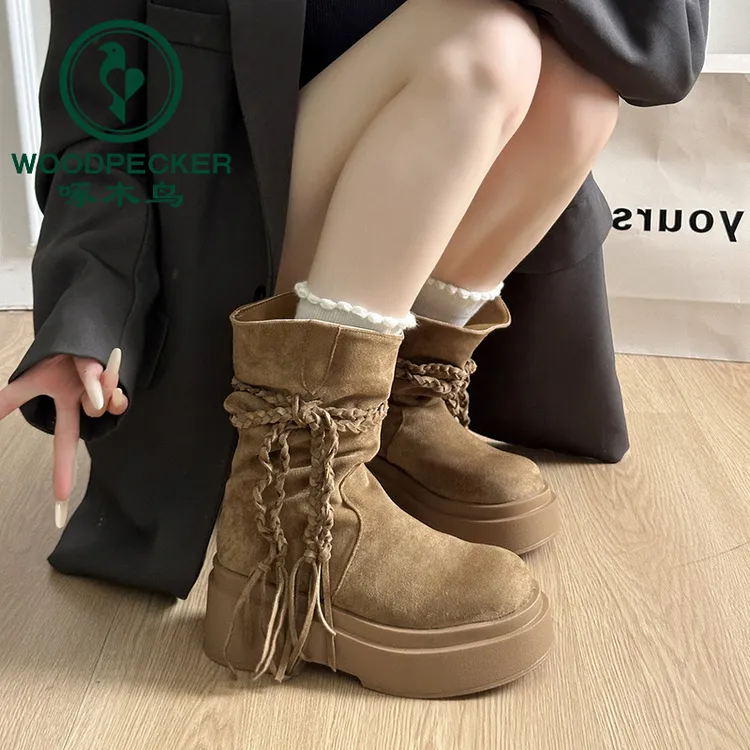 啄木鸟复古厚底马丁靴女2025秋冬增高短筒堆堆靴复古流苏骑士靴