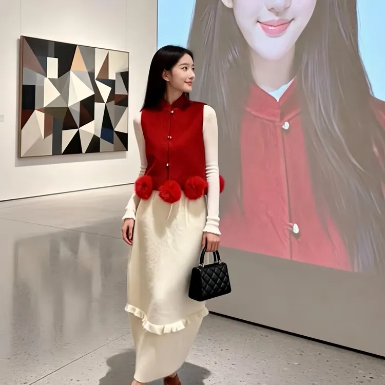 韩系新年氛围感红色小球马甲叠穿打底衫立体蓬蓬感半身裙三件套装