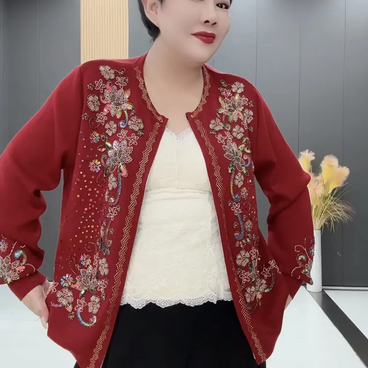 中老年妈妈重工钉珠刺绣秋冬加厚针织开衫外套