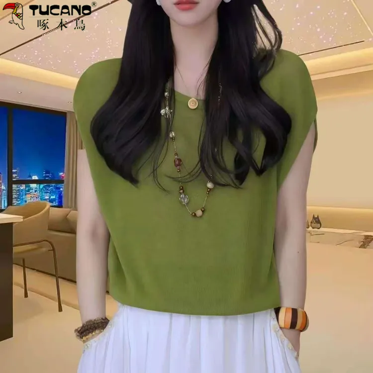 【啄木鳥】果绿T恤女贝壳袖外搭罩衫女夏季新款时尚防晒衫减龄上衣