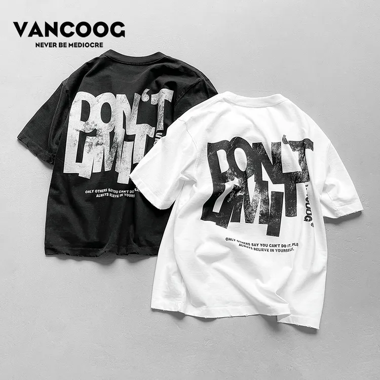 VANCOOG美潮纯棉350克宽松vintage做旧字母印花大码圆领短袖T恤男