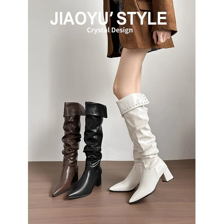 【专柜轻奢】真皮~骄屿甜酷尖头褶皱高跟长筒靴不掉筒显瘦堆堆靴气