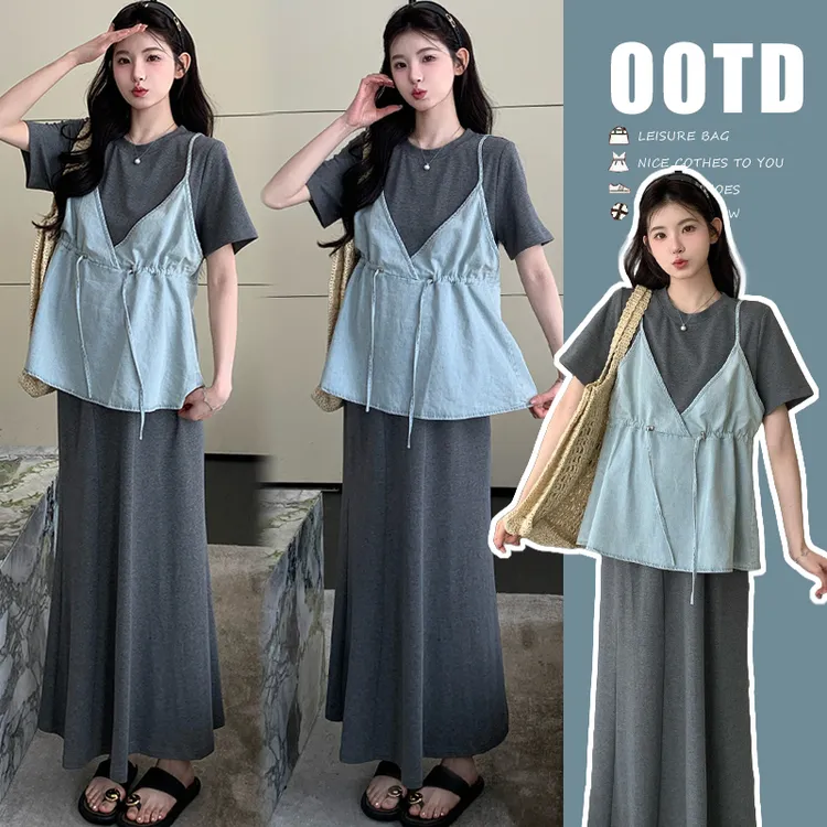 夏季孕妇装2025新款时髦气质高级感百搭颜值假两件上衣半身裙夏装