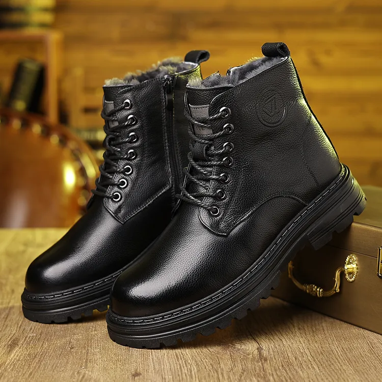 冬季马丁靴休闲真皮男鞋保暖加厚靴子加绒棉靴皮毛一体毛到尖头