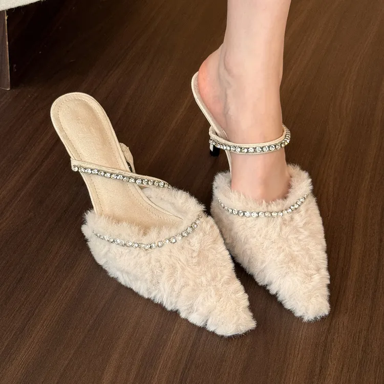 elingstudio 冬日白月光！杏色尖头毛毛水钻高跟鞋女穆勒半拖鞋子