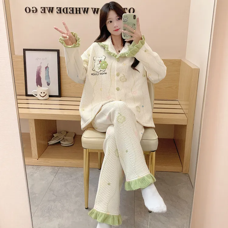 可爱卡通小狗秋冬季睡衣女长袖长裤冬季空气棉夹层保暖家居服套装