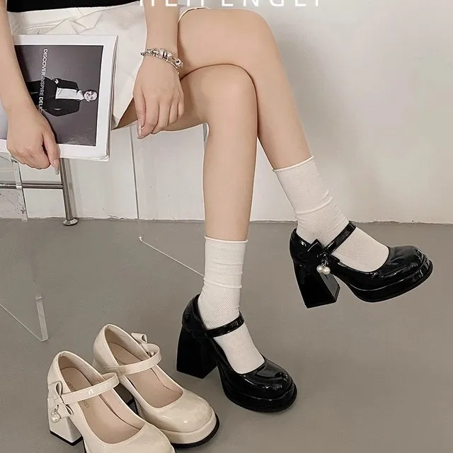 法式白色小个子粗跟玛丽珍高跟鞋女新款厚底配裙子圆头百搭小皮鞋