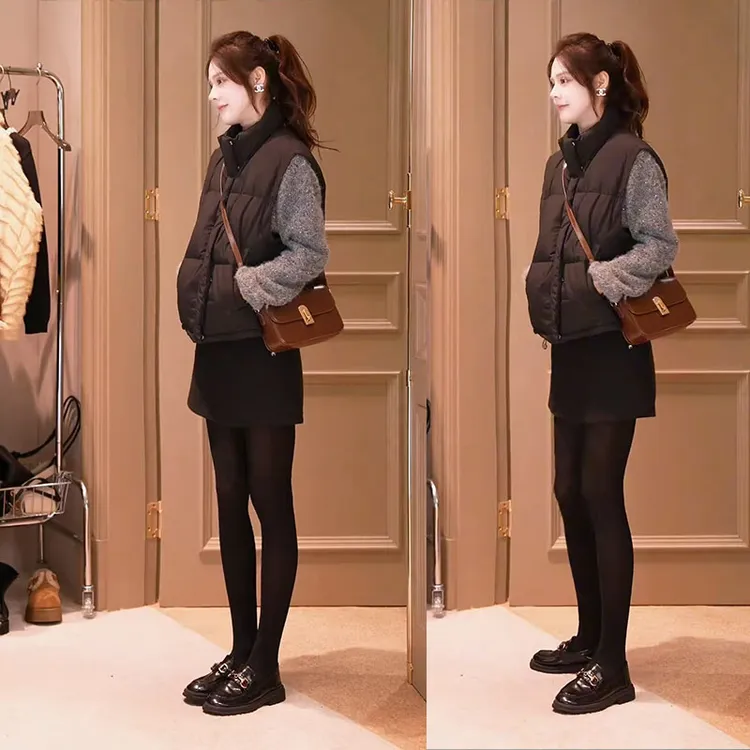 冬季穿搭一整套女2025新款百搭毛衣棉服马甲显瘦半身裙三件套