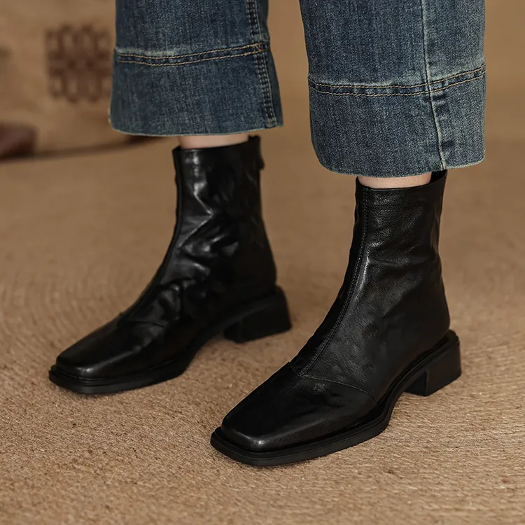 意大利纯羊皮真皮单靴黑色方头低跟瘦瘦靴2025秋冬新款短靴女百搭