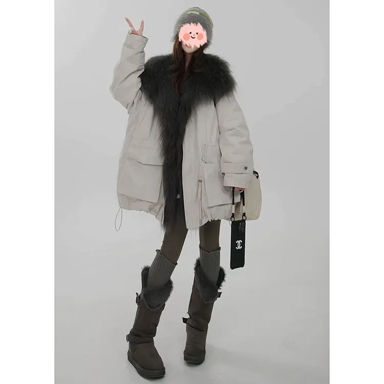 “白鹭” 可拆卸超大毛领派克服外套冬季加厚保暖抽绳工装上衣女