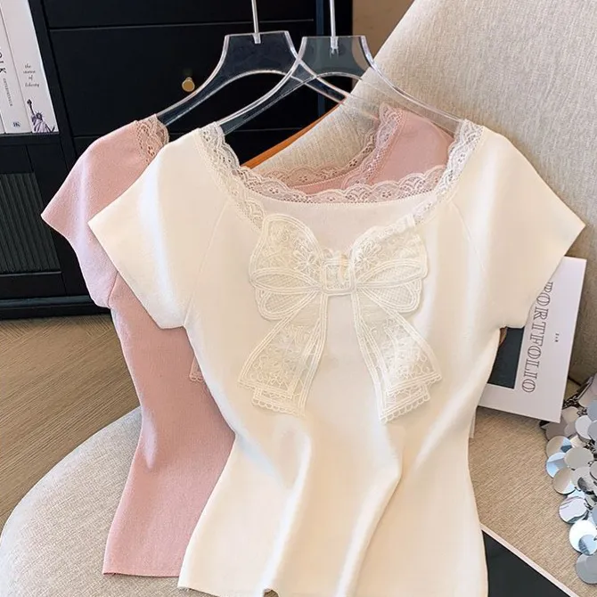 日系甜美蕾丝迷人蝴蝶结短袖T恤新款方领正肩锁骨性感甜辣上衣