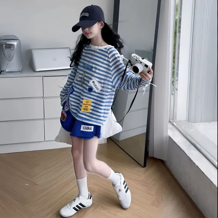 女童条纹长袖T恤短裤两件套装2025夏季中大童女孩学生宽松薄