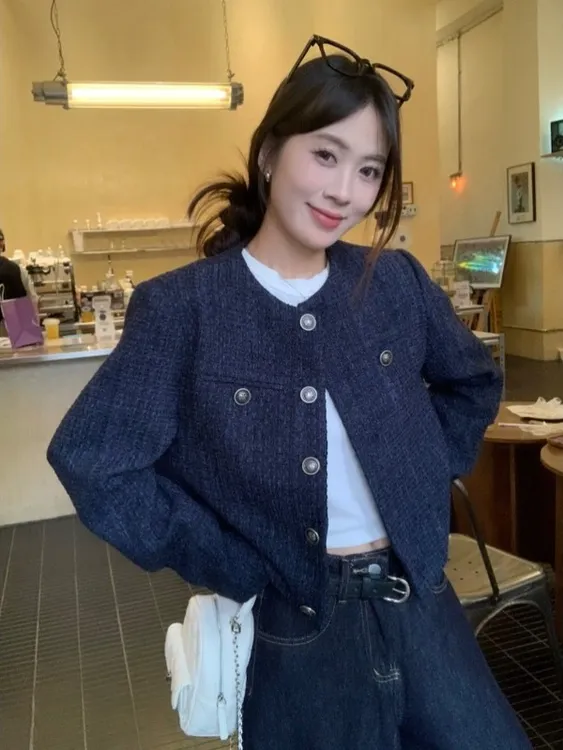 小香风蓝色外套女秋季2025新款超好看开衫高级感名媛短款夹克上衣