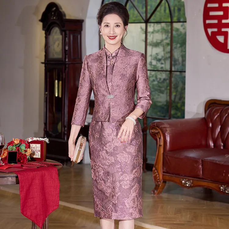 50601婚礼妈妈礼服两件套喜婆婆婚宴装结婚年轻高贵妈妈装连衣裙