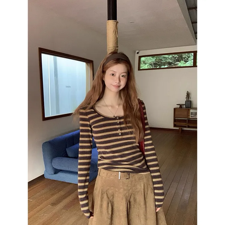长袖条纹T恤女秋季+高腰半身裙ZC 9644#