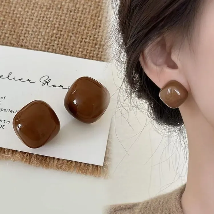 铜合金耳饰 【咖色方糖】美拉德秋冬精致咖色方糖轻奢耳饰 F221