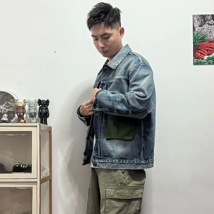 狠货！日系复古水洗做旧宽松长袖春秋夹克男绿口袋百搭牛仔衣外套